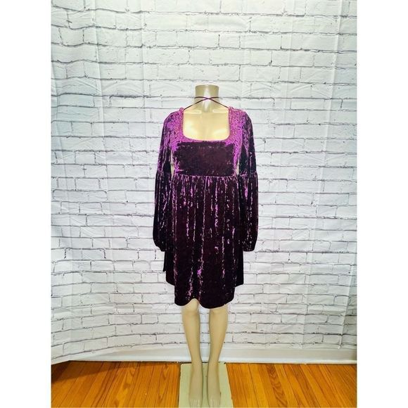 Free People Womens Purple Square Neck Oh So Easy Velvet Dress Size M/M - Picture 1 of 6